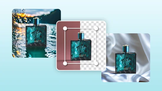 a perfume product photo remove background and add AI background with Promeo